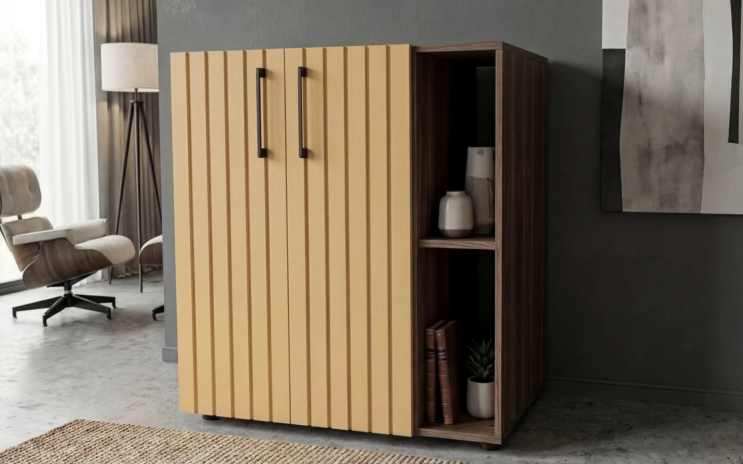 Comoda Nikon, stejar scandinav inchis + satin galben  1